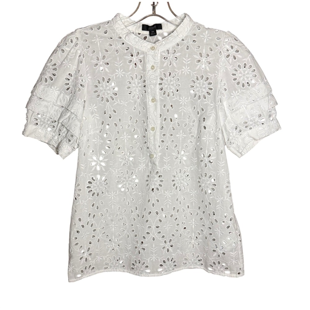 J.Crew White Floral Eyelet Puff Sleeve Button Blouse XS Cottagecore Feminine